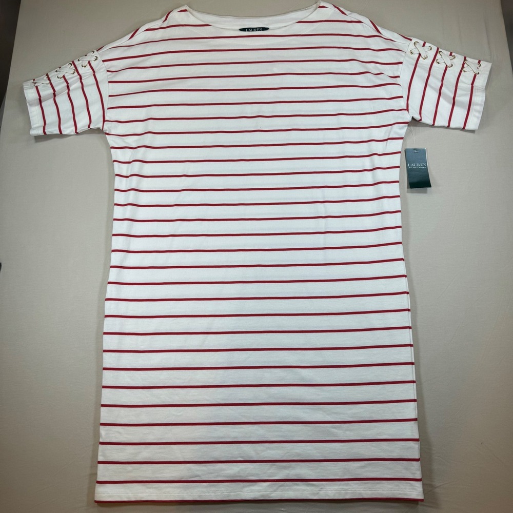 Lauren Ralph Lauren Striped Lace Up Shoulder T-Shirt Dress Red White XL NWT